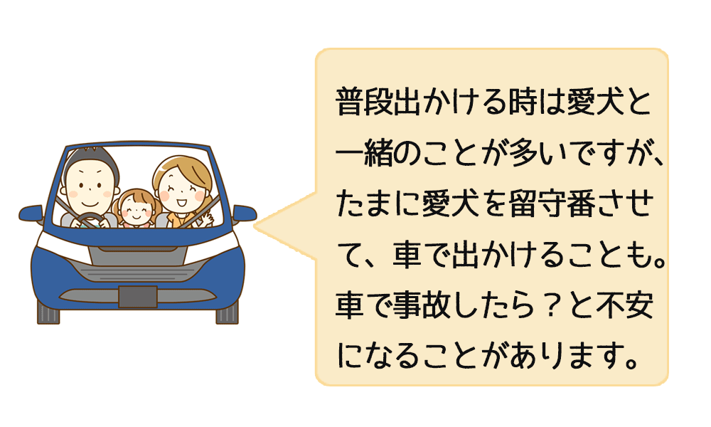 普段出かける時は愛犬と一緒のことが多いですが、たまに愛犬を留守番させて、車で出かけることも。車で事故したら？と不安になることがあります。